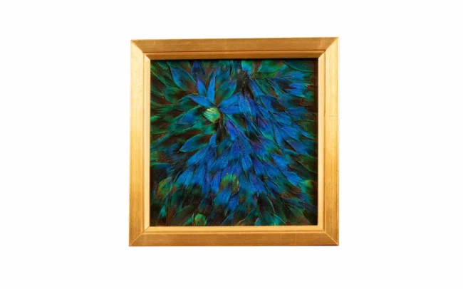 Tableau en plumes naturelles de PAON Bleu et Bleu/ Vert, fabriqué artisanalement dans mon atelier