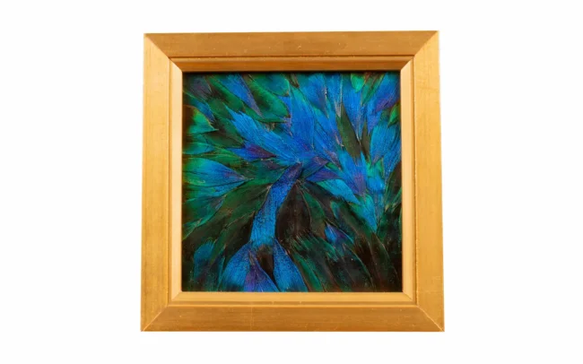 Tableau en plumes de PAON Bleu et Bleu-Vert, fabriqué artisanalement dans mon atelier