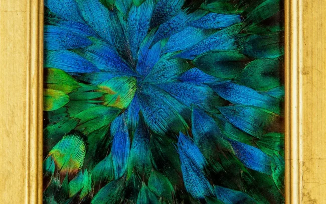 Tableau en plumes de PAON Bleu et Bleu-Vert, fabriqué artisanalement dans mon atelier