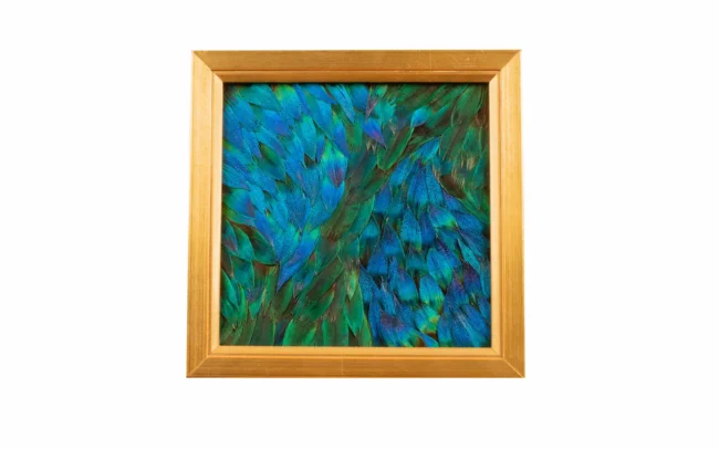 Tableau en plumes de PAON Bleu et Bleu/ Vert, fabriqué artisanalement dans mon atelier