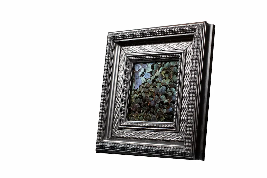 Tableau en plumes de faisan LADY AMHERST vert et bleu, fabriqué artisanalement dans mon atelier