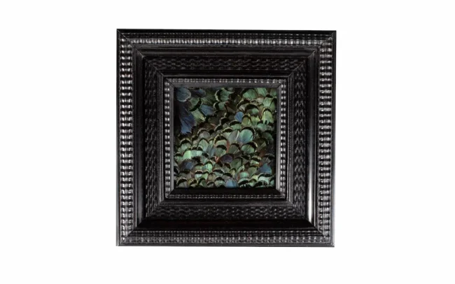 Tableau en plumes de faisan LADY AMHERST vert et bleu, fabriqué artisanalement dans mon atelier