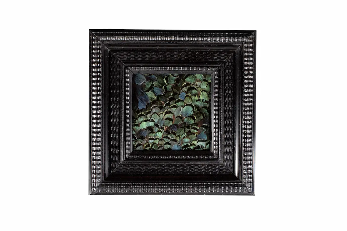 Tableau en plumes de faisan LADY AMHERST vert et bleu, fabriqué artisanalement dans mon atelier