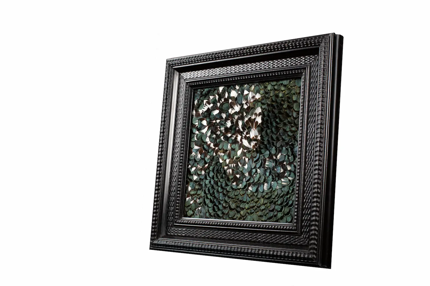 Tableau en plumes de faisan LADY AMHERST vert et vert blanc, fabriqué artisanalement dans mon atelier