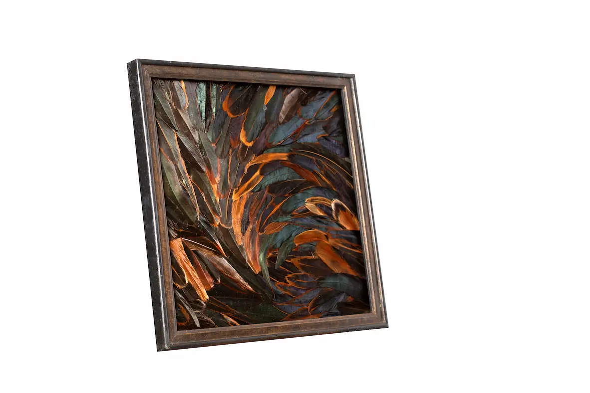 Tableau en plumes de queue de COQ bronze, fabriqué artisanalement dans mon atelier