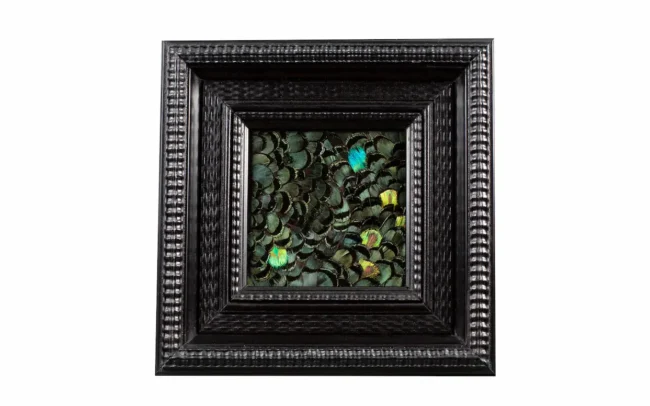 Tableau en plumes de faisan LADY AMHERST vert et PAON vert, fabriqué artisanalement dans mon atelier