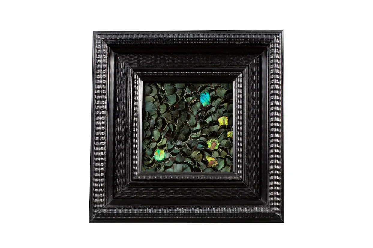 Tableau en plumes de faisan LADY AMHERST vert et PAON vert, fabriqué artisanalement dans mon atelier