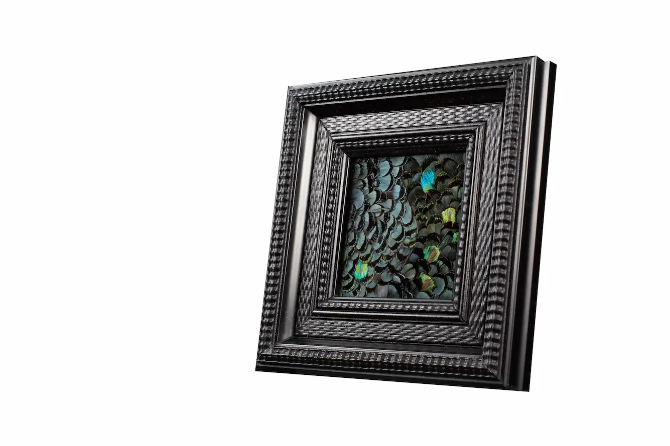 Tableau en plumes de faisan LADY AMHERST vert et PAON vert, fabriqué artisanalement dans mon atelier