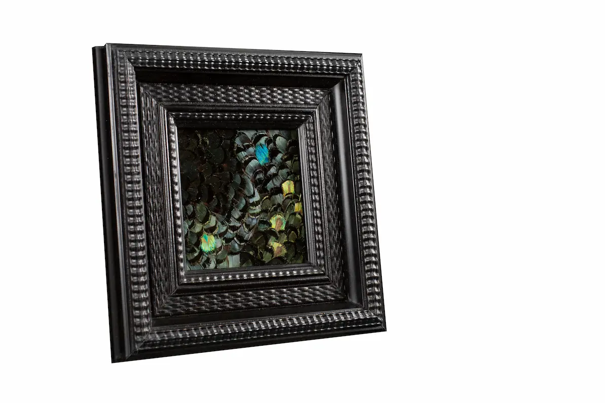 Tableau en plumes de faisan LADY AMHERST vert et PAON vert, fabriqué artisanalement dans mon atelier