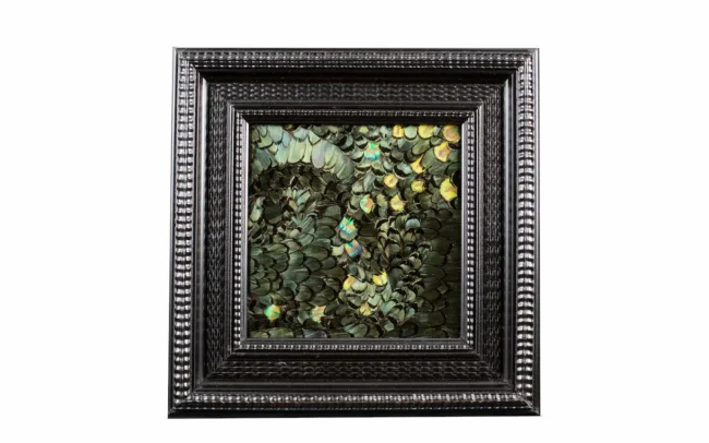 Tableau en plumes de faisan LADY AMHERST vert et PAON vert, fabriqué artisanalement dans mon atelier