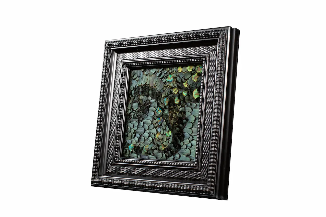 Tableau en plumes de faisan LADY AMHERST vert et PAON vert, fabriqué artisanalement dans mon atelier