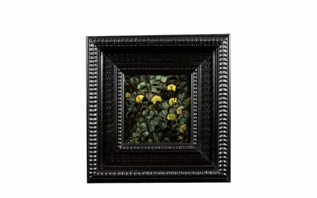 Tableau en plumes de faisan LADY AMHERST vert et PAON vert, fabriqué artisanalement dans mon atelier