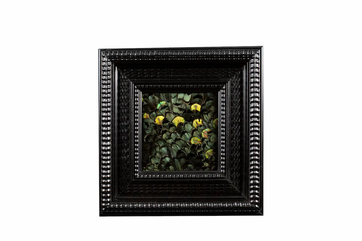 Tableau en plumes de faisan LADY AMHERST vert et PAON vert, fabriqué artisanalement dans mon atelier