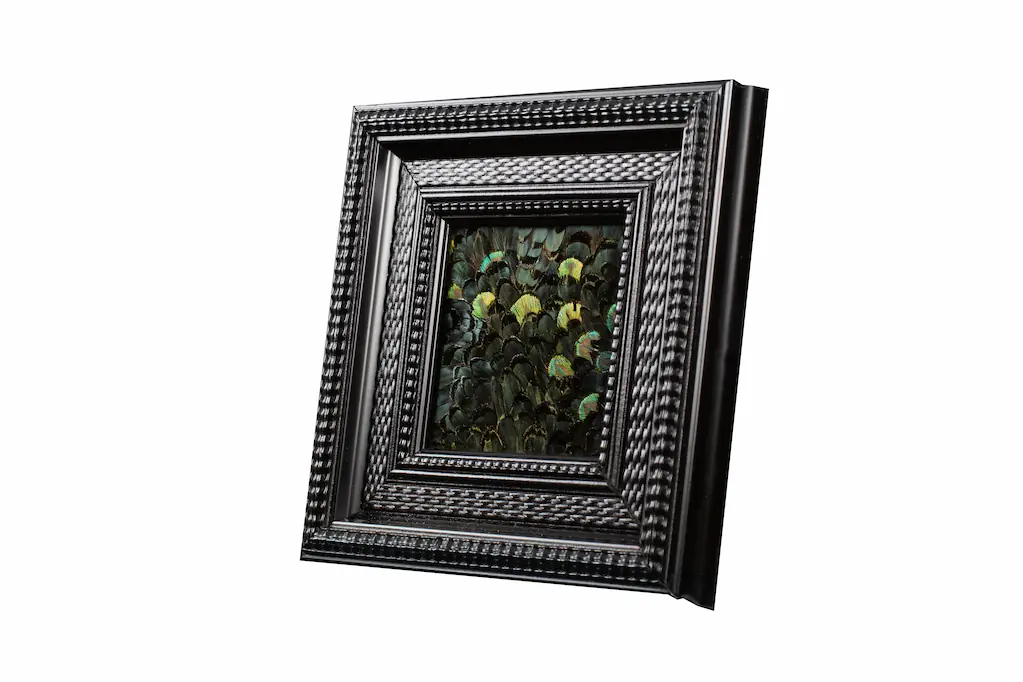 Tableau en plumes de faisan LADY AMHERST vert et PAON vert, fabriqué artisanalement dans mon atelier