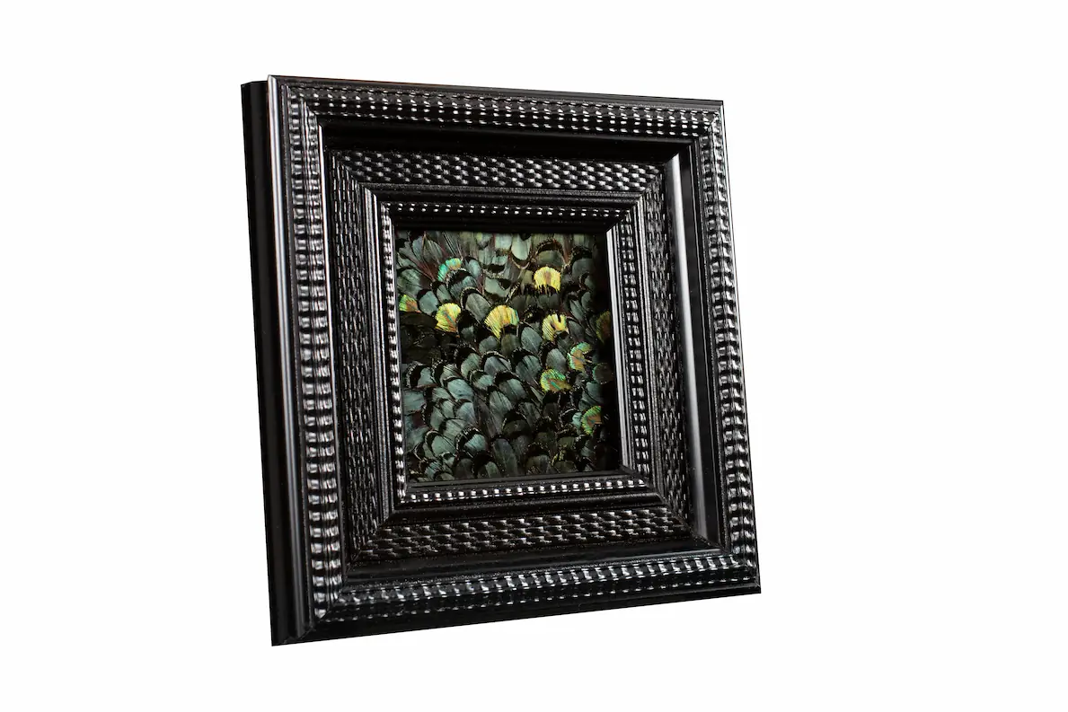 Tableau en plumes de faisan LADY AMHERST vert et PAON vert, fabriqué artisanalement dans mon atelier