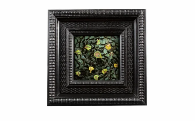 Tableau en plumes de faisan LADY AMHERST vert et PAON vert, fabriqué artisanalement dans mon atelier