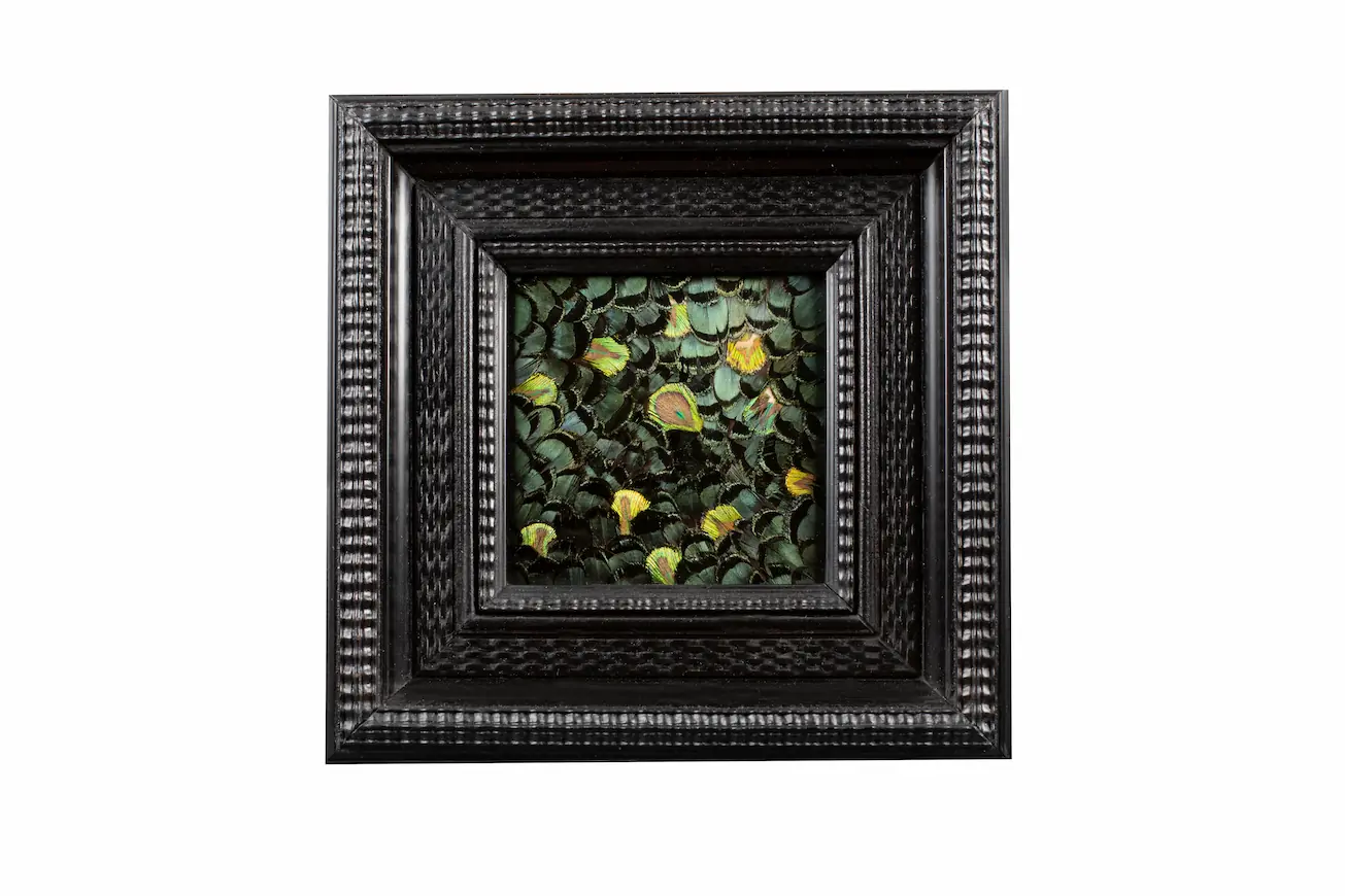 Tableau en plumes de faisan LADY AMHERST vert et PAON vert, fabriqué artisanalement dans mon atelier