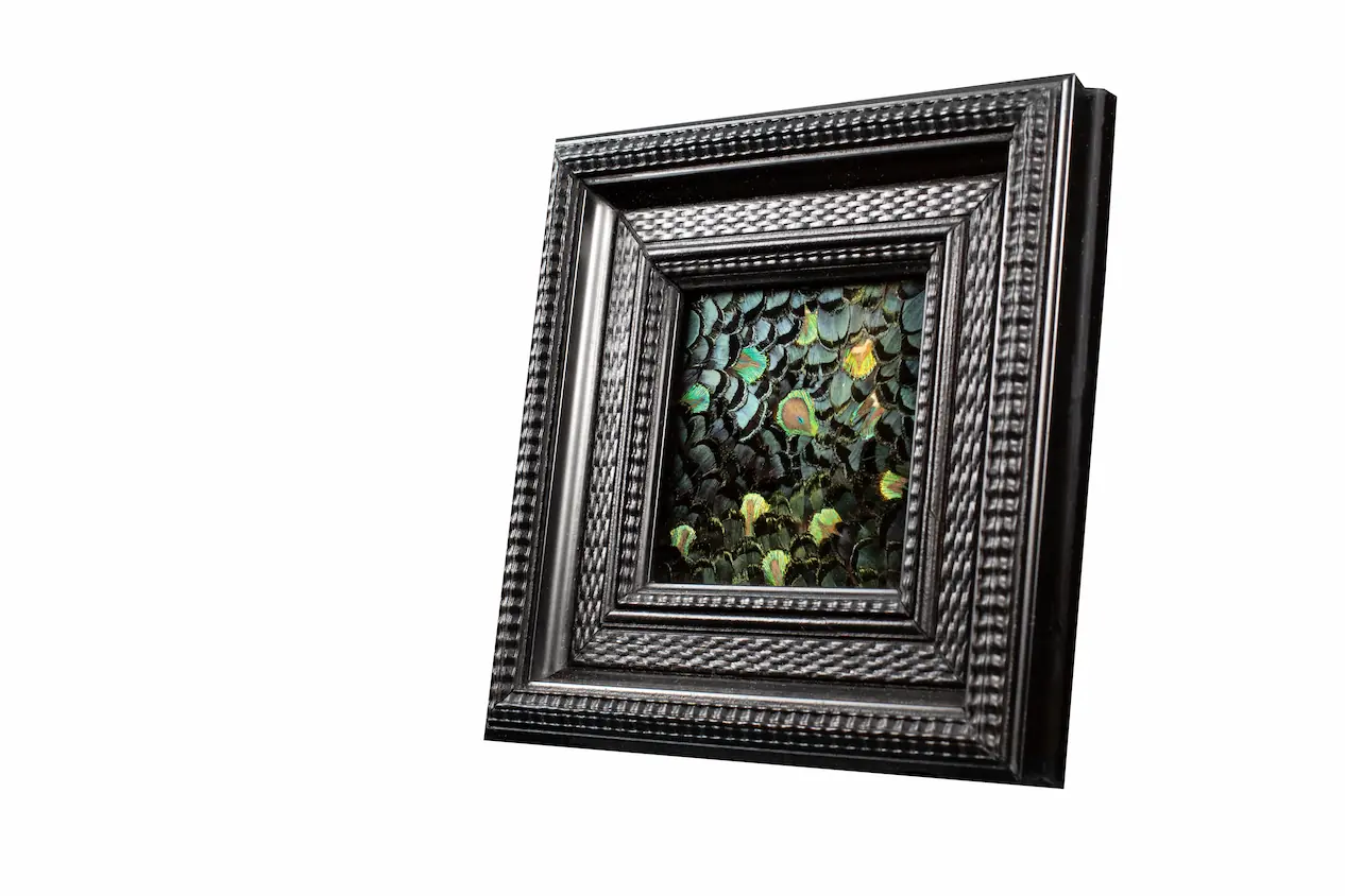 Tableau en plumes de faisan LADY AMHERST vert et PAON vert, fabriqué artisanalement dans mon atelier