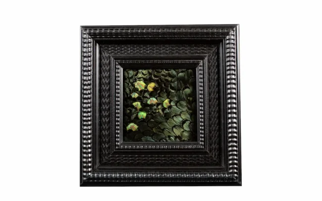 Tableau en plumes de faisan LADY AMHERST vert et PAON vert, fabriqué artisanalement dans mon atelier