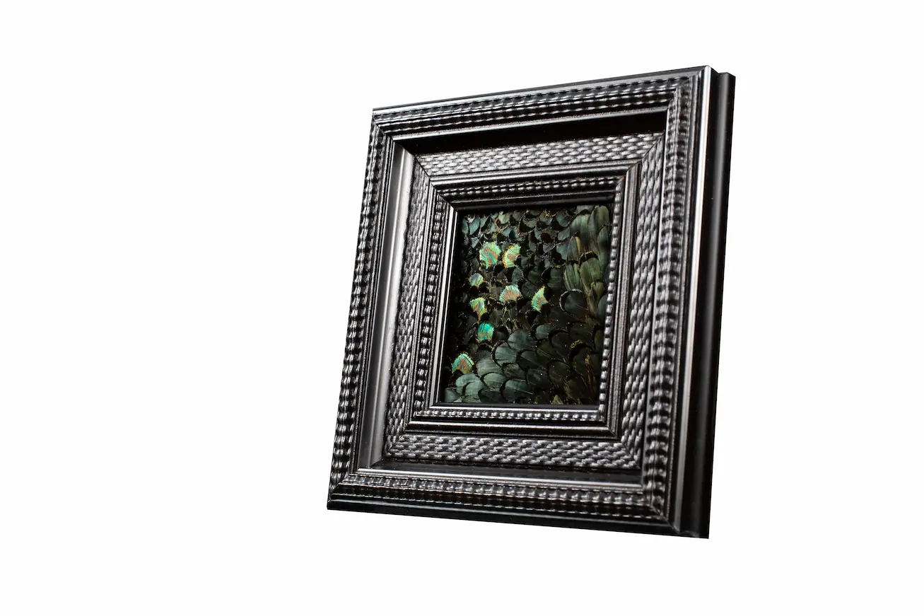 Tableau en plumes de faisan LADY AMHERST vert et PAON vert, fabriqué artisanalement dans mon atelier