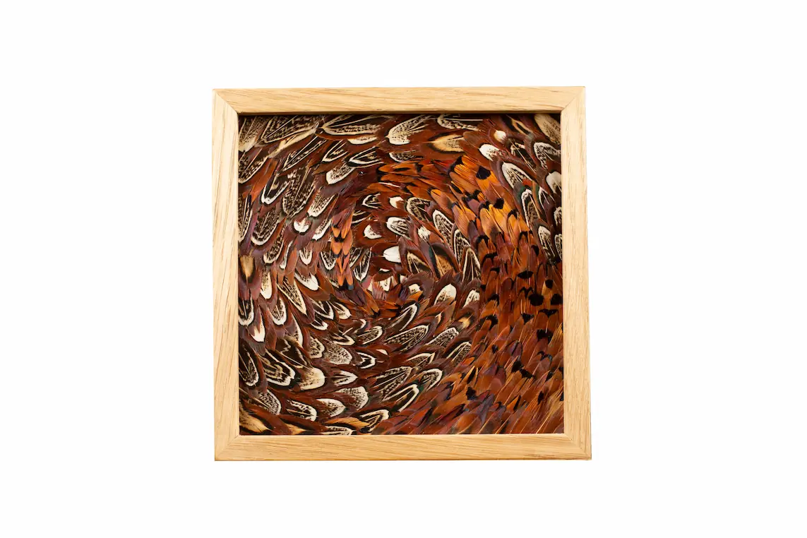 Tableau en plumes de faisan COLCHIDE marron et à motifs, fabriqué artisanalement dans mon atelier