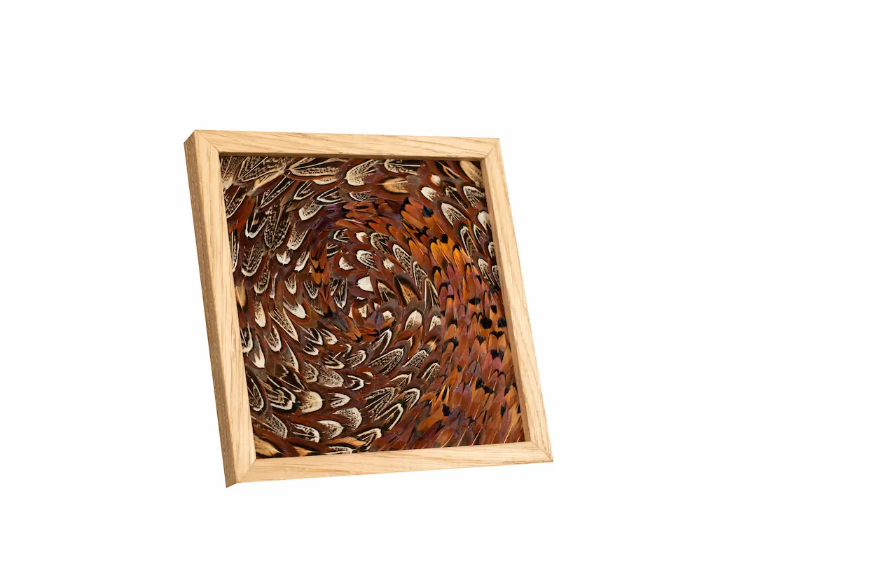 Tableau en plumes de faisan COLCHIDE marron et à motifs, fabriqué artisanalement dans mon atelier