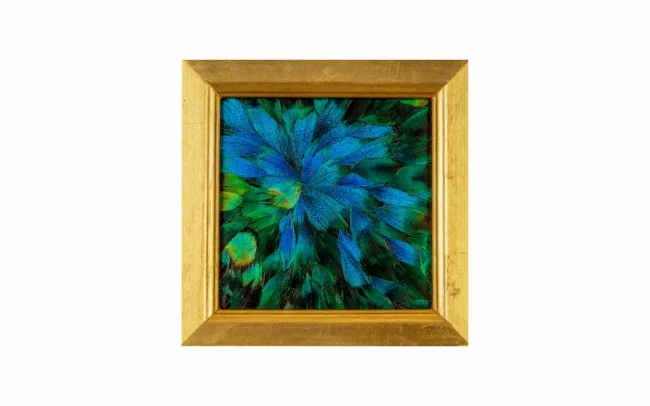 Tableau en plumes de PAON Bleu et Bleu-Vert, fabriqué artisanalement dans mon atelier