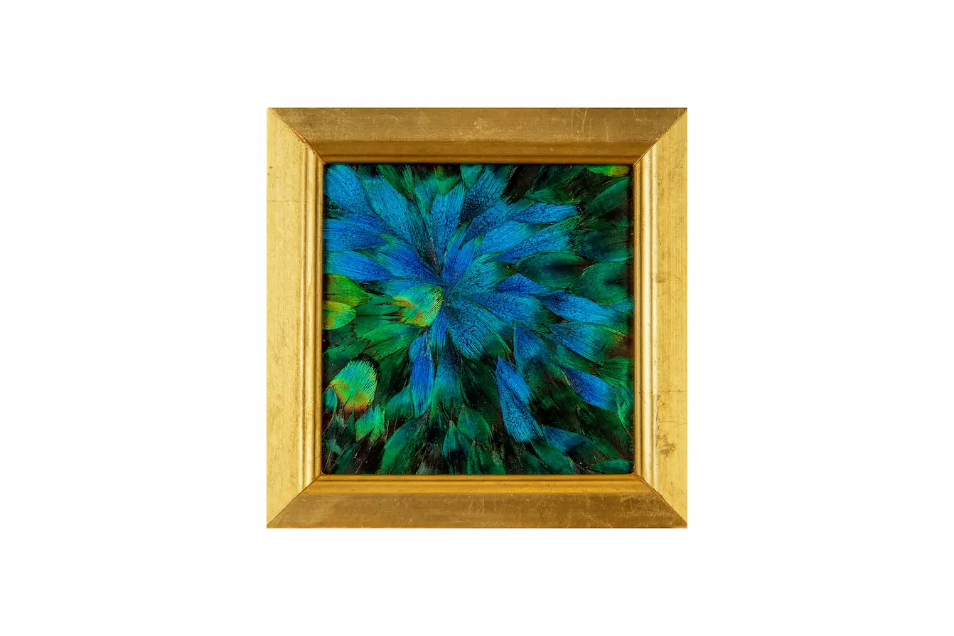 Tableau en plumes de PAON Bleu et Bleu-Vert, fabriqué artisanalement dans mon atelier