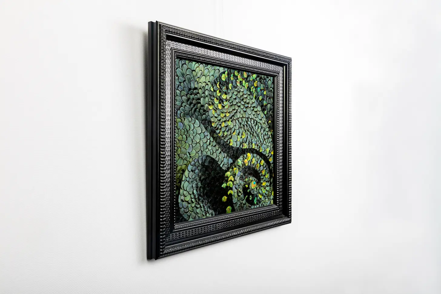 Tableau Serpent en plumes de faisan LADY AMHERST vert et PAON vert