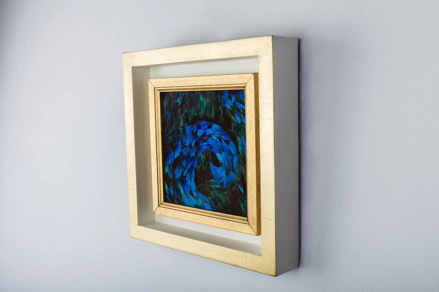 Blue wave painting made from natural PEACOCK feathers in blue and blue/green bias