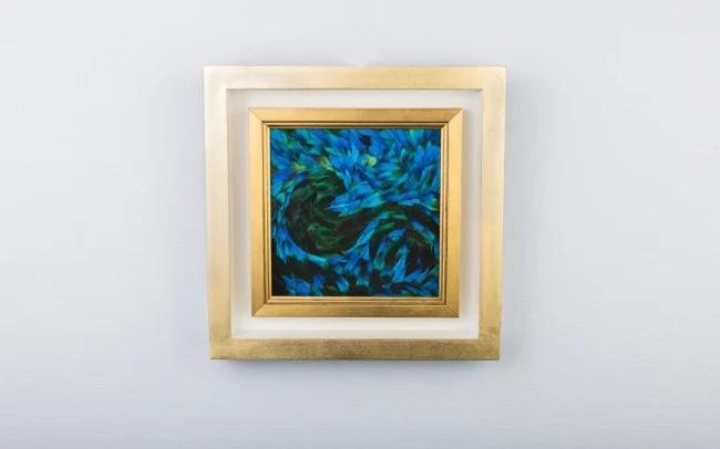 Tableau Cosmos en plumes naturelles de PAON Bleu et Bleu/ Vert